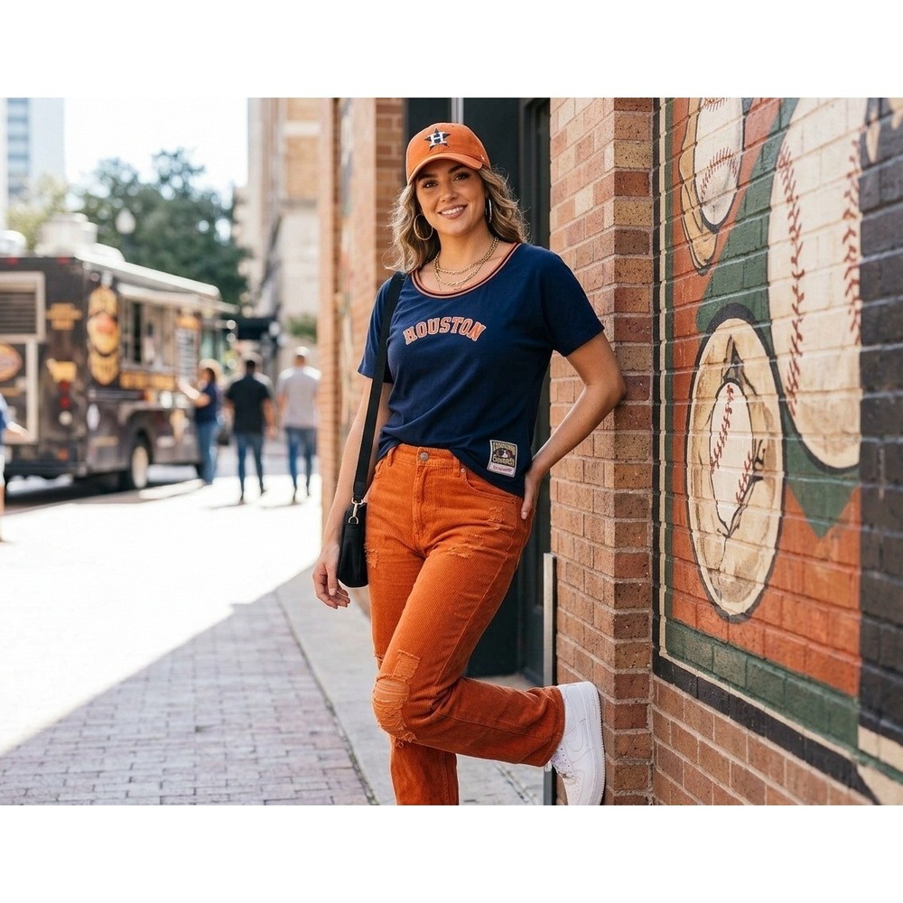 Mitchell & Ness Houston Astros Tee Womens L Navy Blue Cooperstown Collection MLB